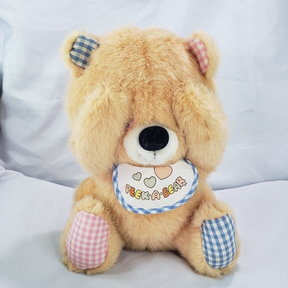 Mattel Other - Vintage Mattel Emotions Peek a Boo Teddy Bear Plush Bib Peach Rare 10 Inch Plaid